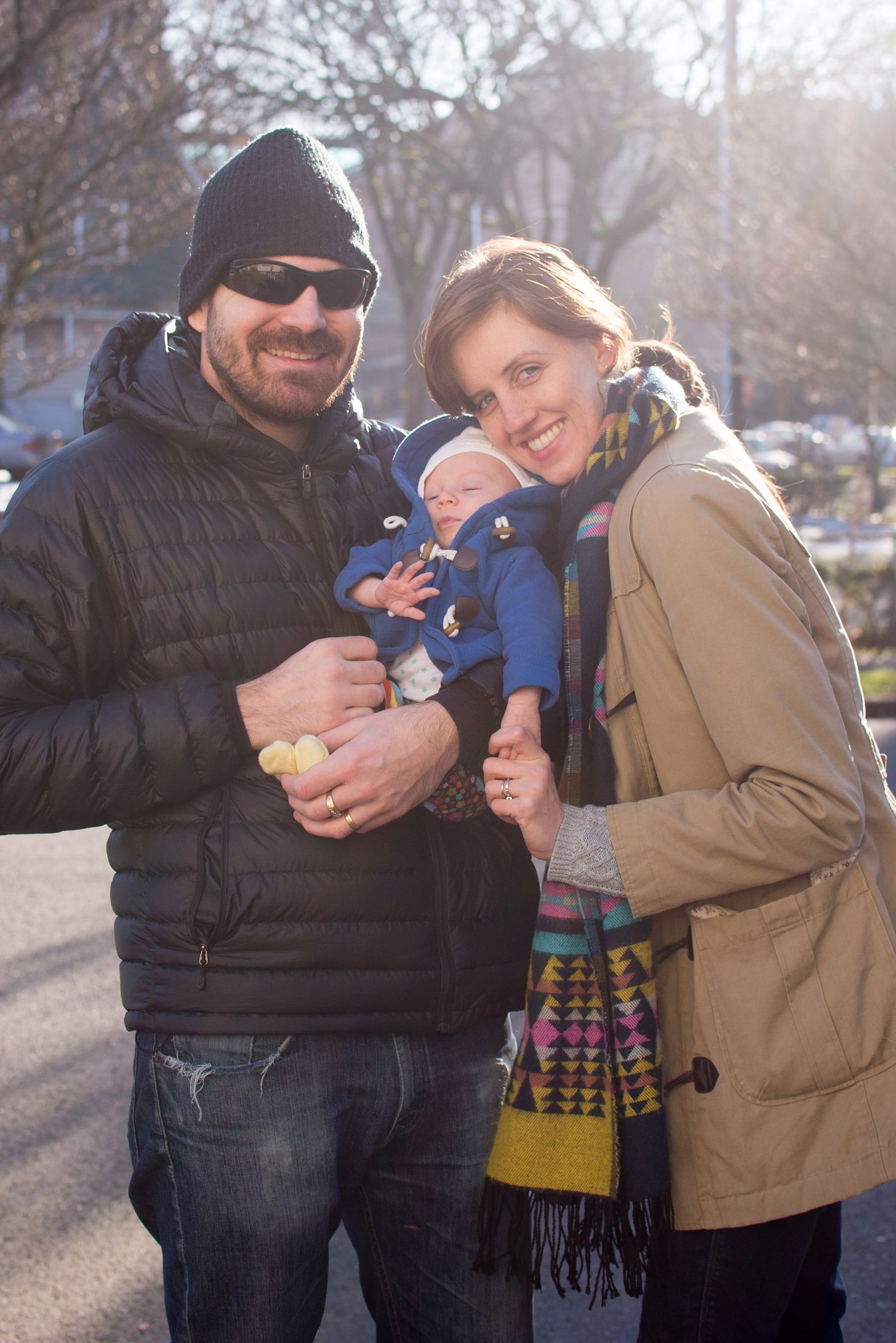 A series of six candid outdoor photos showing people interacting together on a sunny winter day.