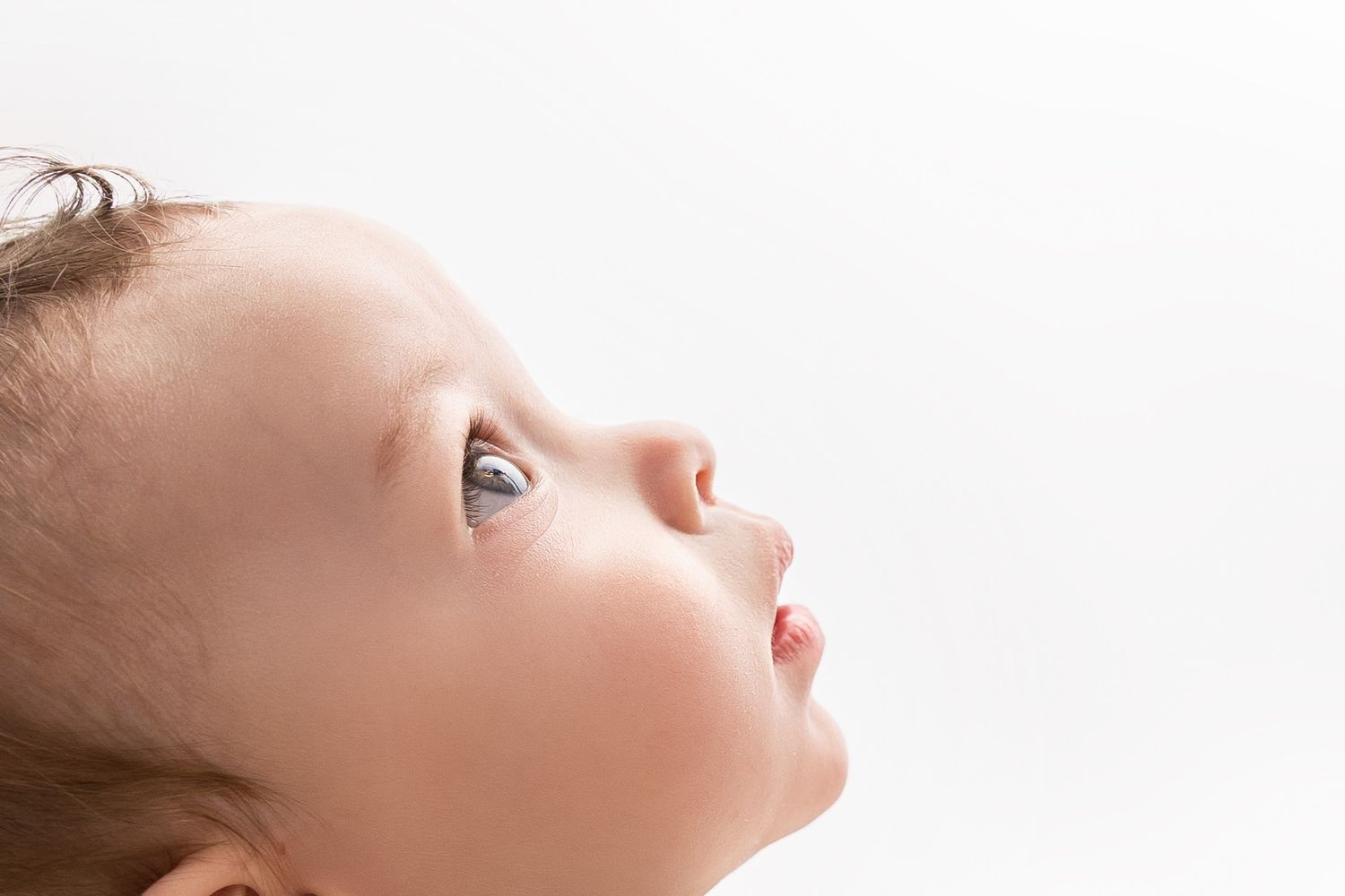 Close-up profile of a curious baby looking upward against a white background.