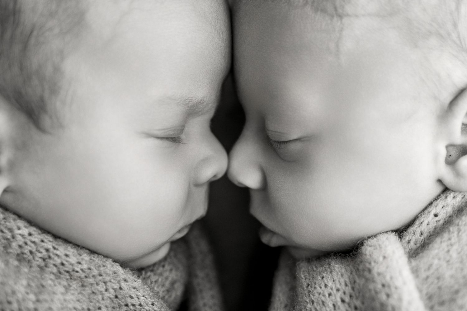 Black and white photo of two sleeping newborn twins facing each other, touching noses in a tender moment.