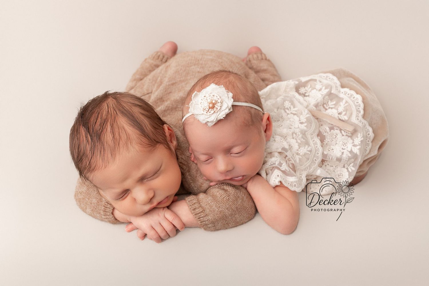 Four delicate newborn photography poses showing sleeping baby wrapped in soft beige and white fabrics.