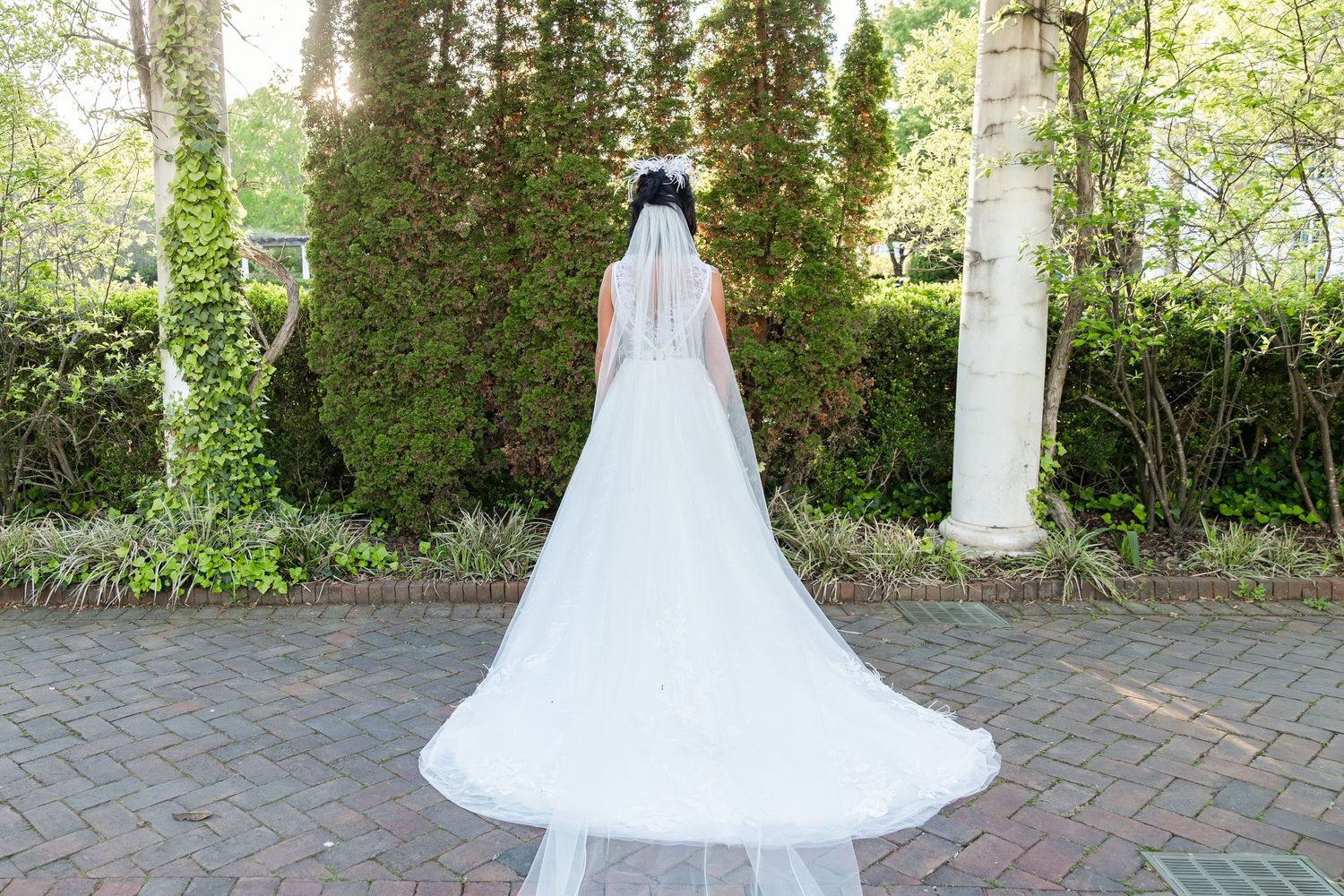 Bride in white wedding gown with long veil standing in lush garden surrounded by tall cypress trees.