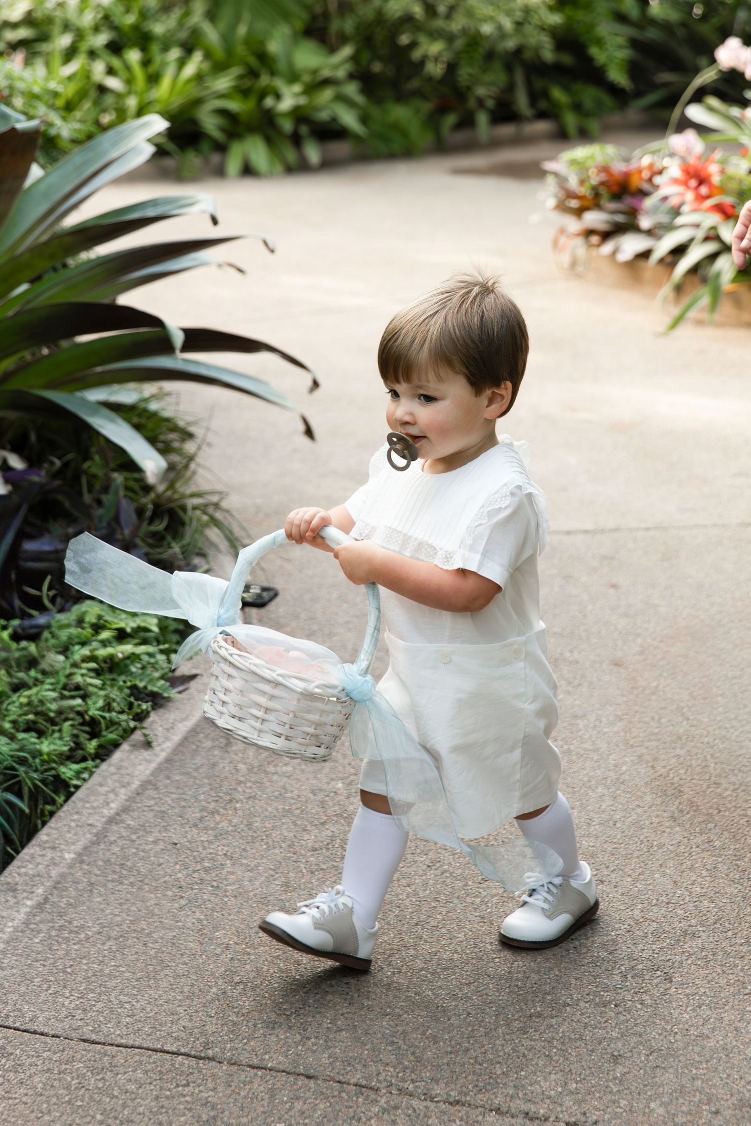 A toddler in white outfit carries a decorated basket as a flower girl on a garden pathway.