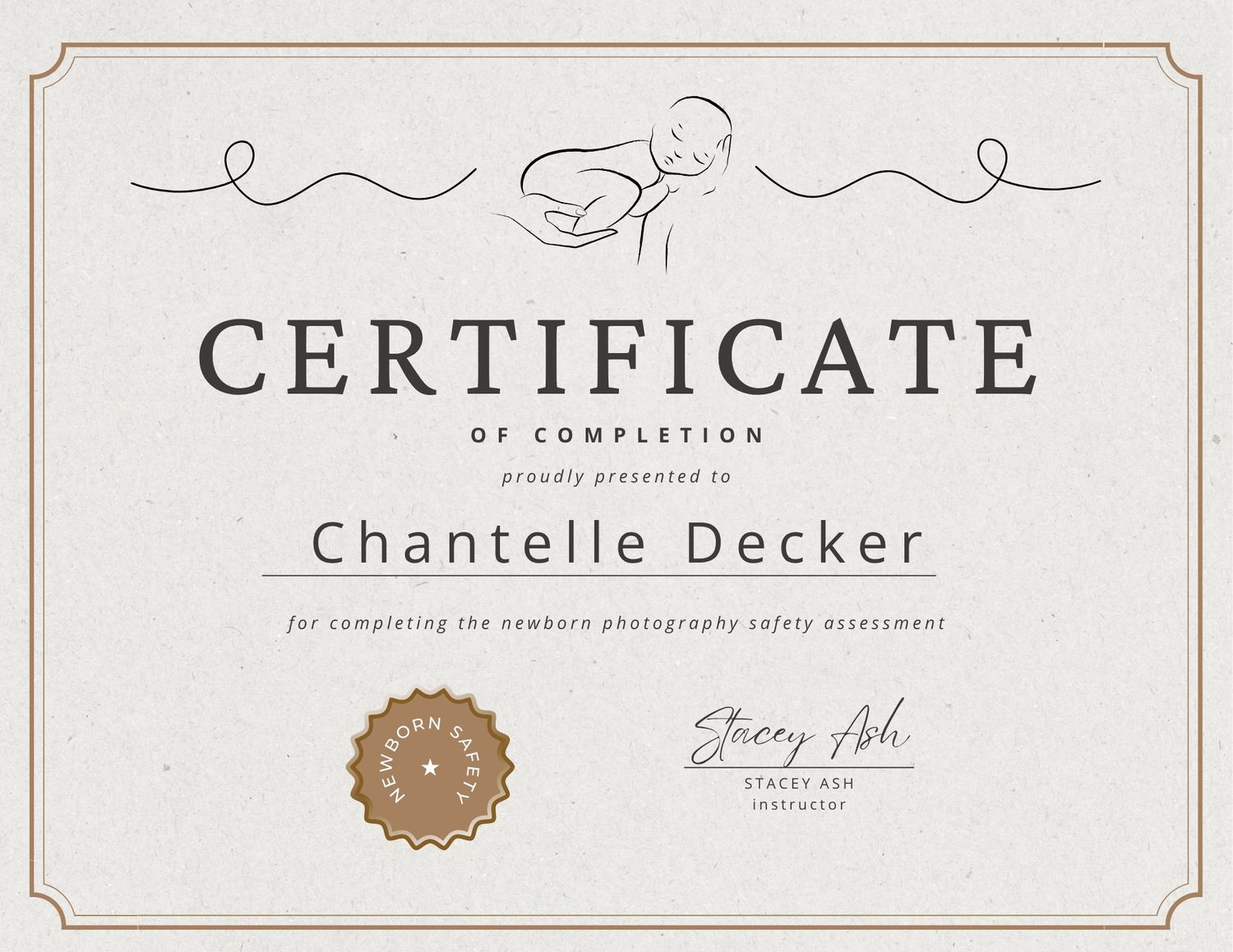 Elegant certificate design with decorative borders and calligraphy text in brown and white tones.
