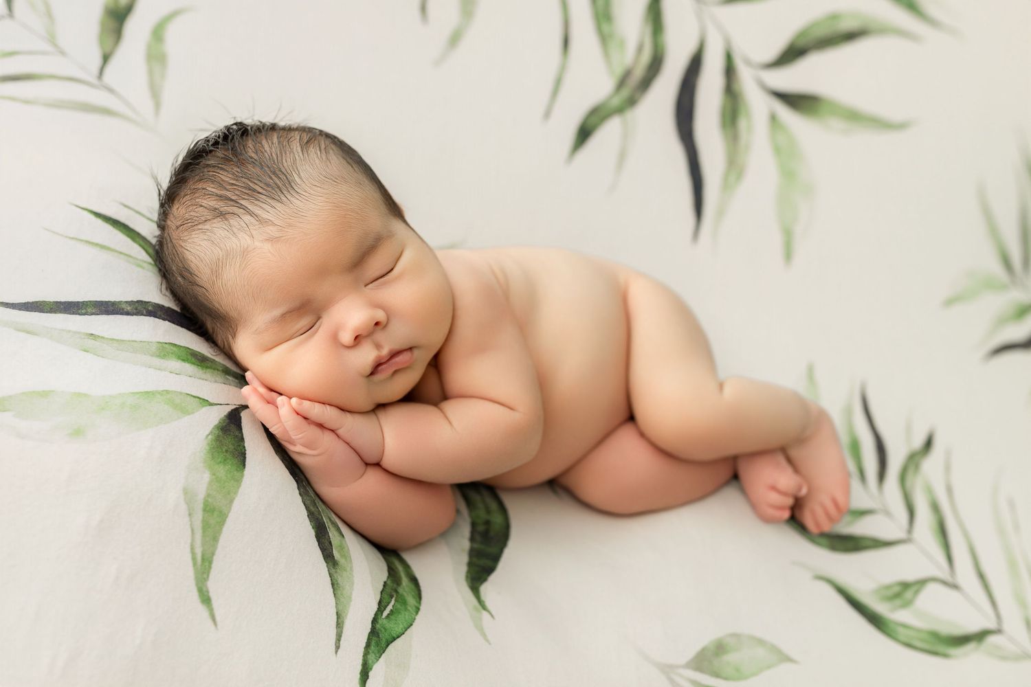 Peaceful newborn baby sleeping on a white floral blanket with green leaves in a professional photo.