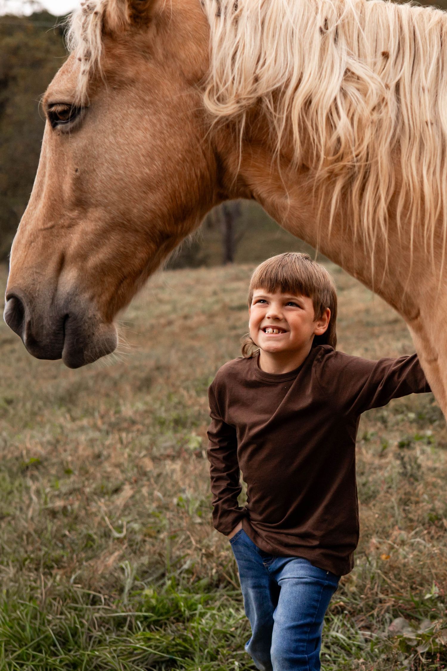A palomino horse with a flowing mane nuzzles gently towards a child in a brown sweater and jeans outdoors.