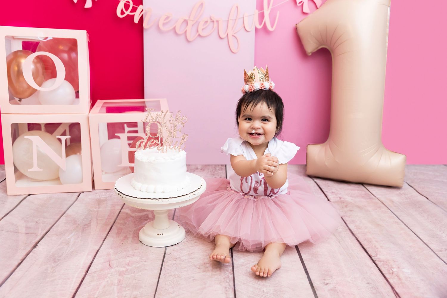 A series of pink-tinted photos showing ballet tutus and birthday cake decorations arranged in a collage style.