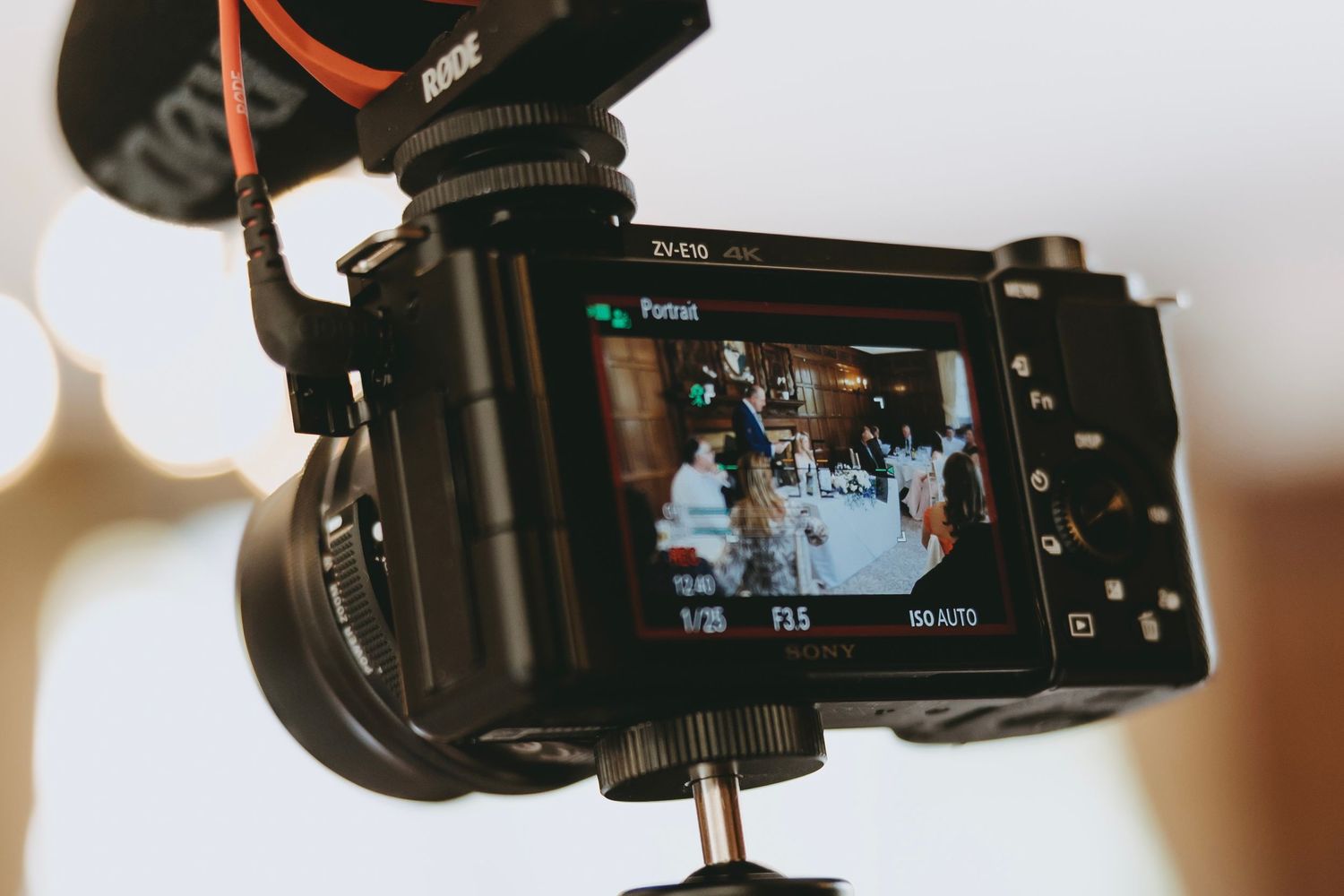 Professional cameras and photography equipment set up to capture wedding moments.