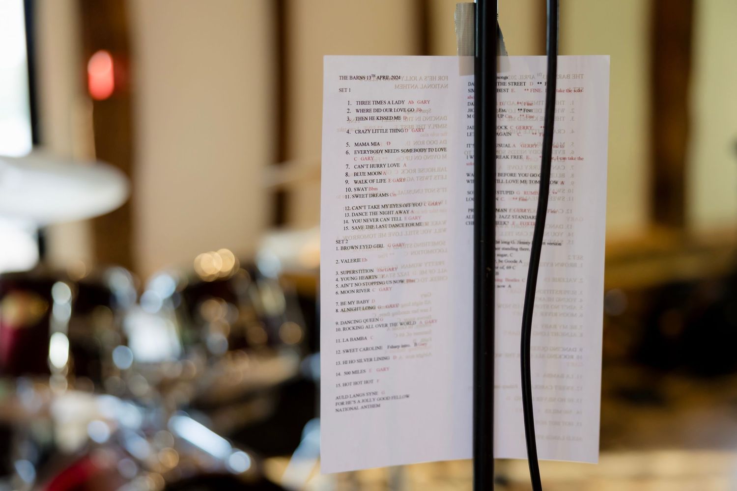 White sheets of paper with text hanging from black clips against a blurred restaurant or cafe interior background.
