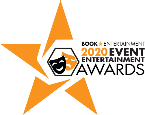 Five orange star shapes arranged horizontally with text about Book Entertainment Event 2020 Awards.
