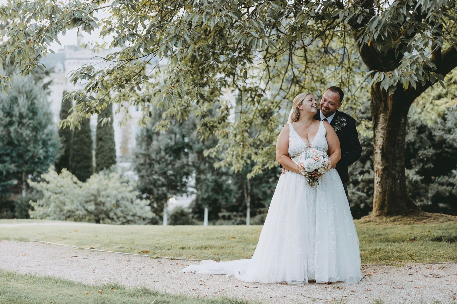 A series of outdoor wedding photos captured in a scenic garden with trees and greenery.