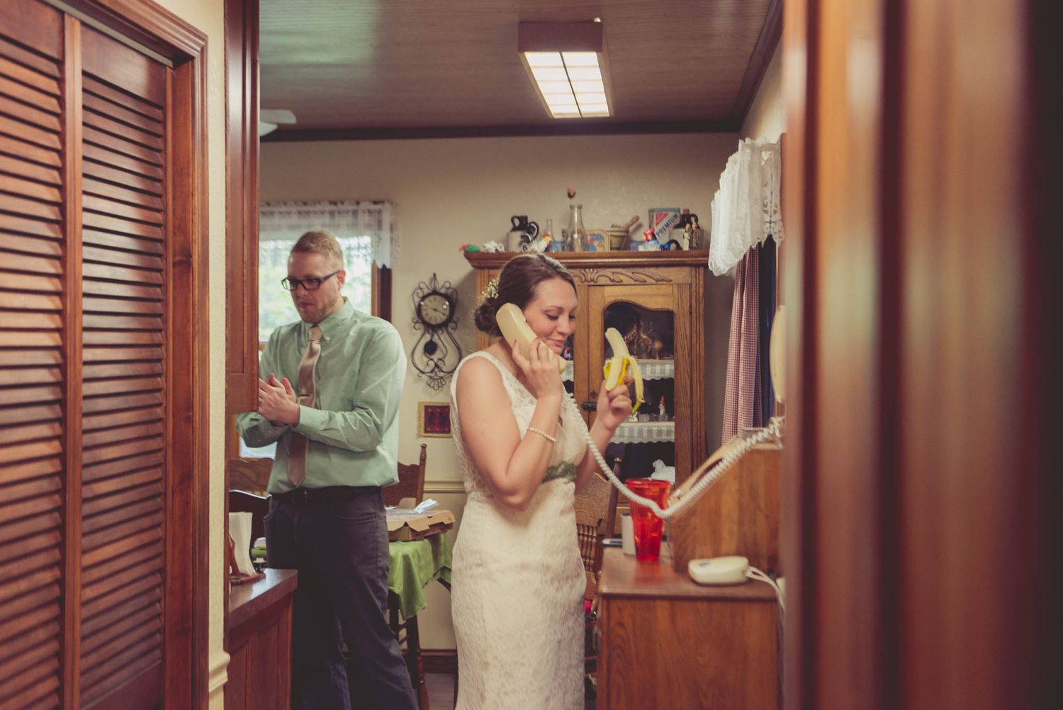 Series of candid moments captured in a hallway during wedding preparations.