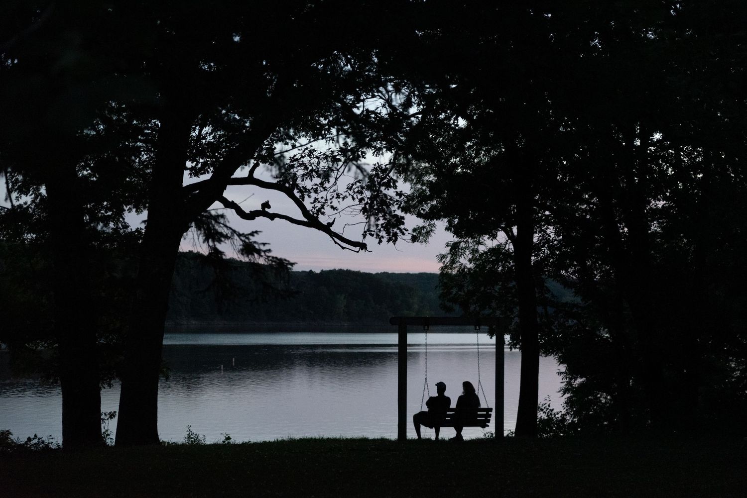 Silhouetted landscape at dusk with lake view and trees in background.
