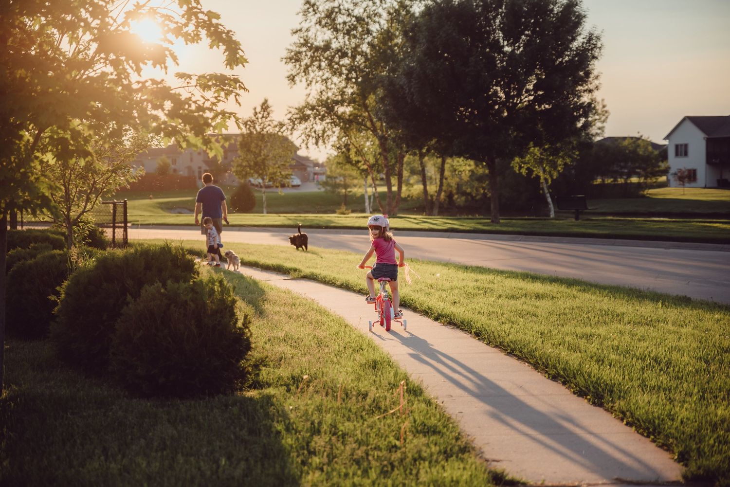 People walking and biking on a suburban path during golden hour sunset.