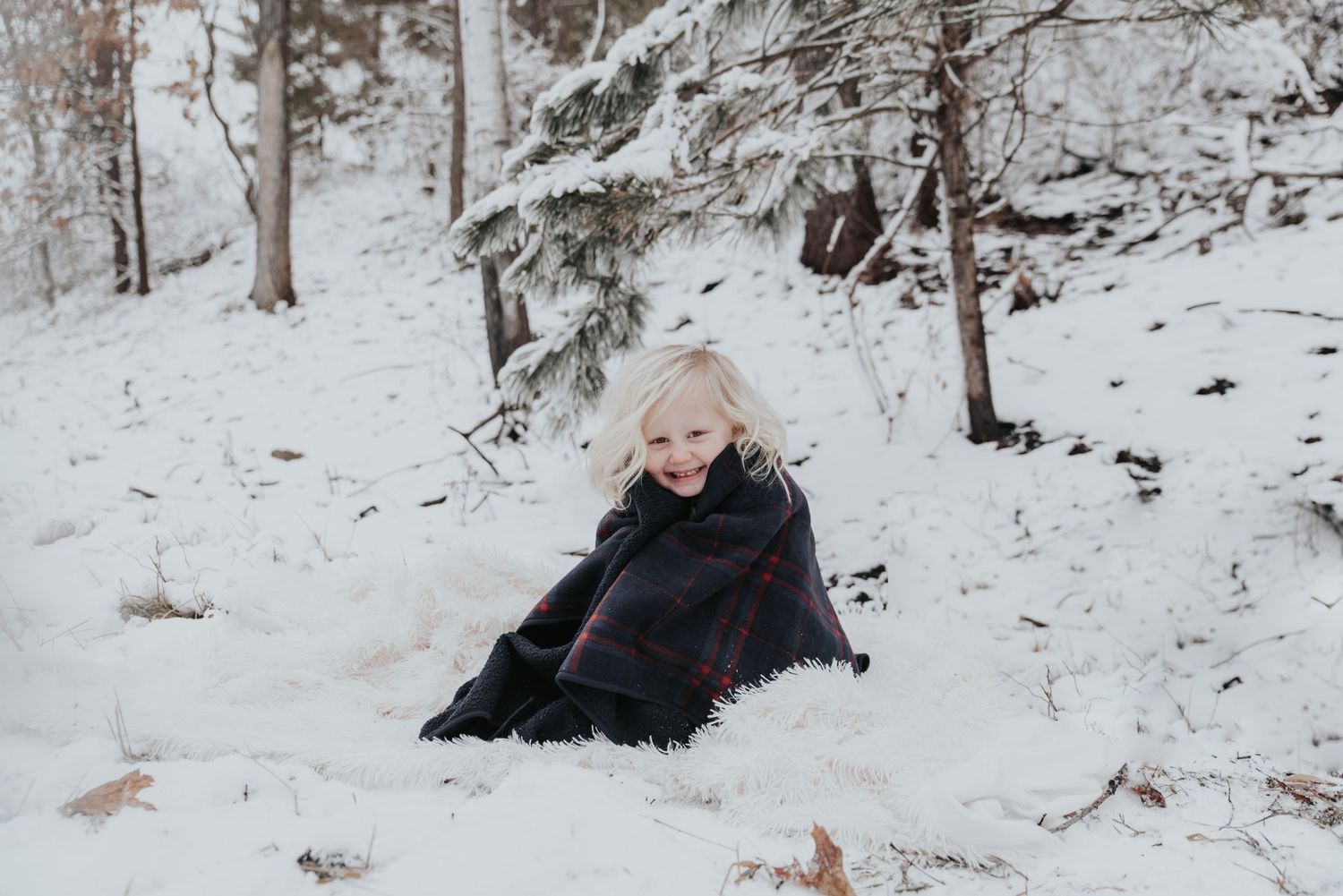 A winter scene with someone rolling down a snow-covered hill surrounded by trees.
