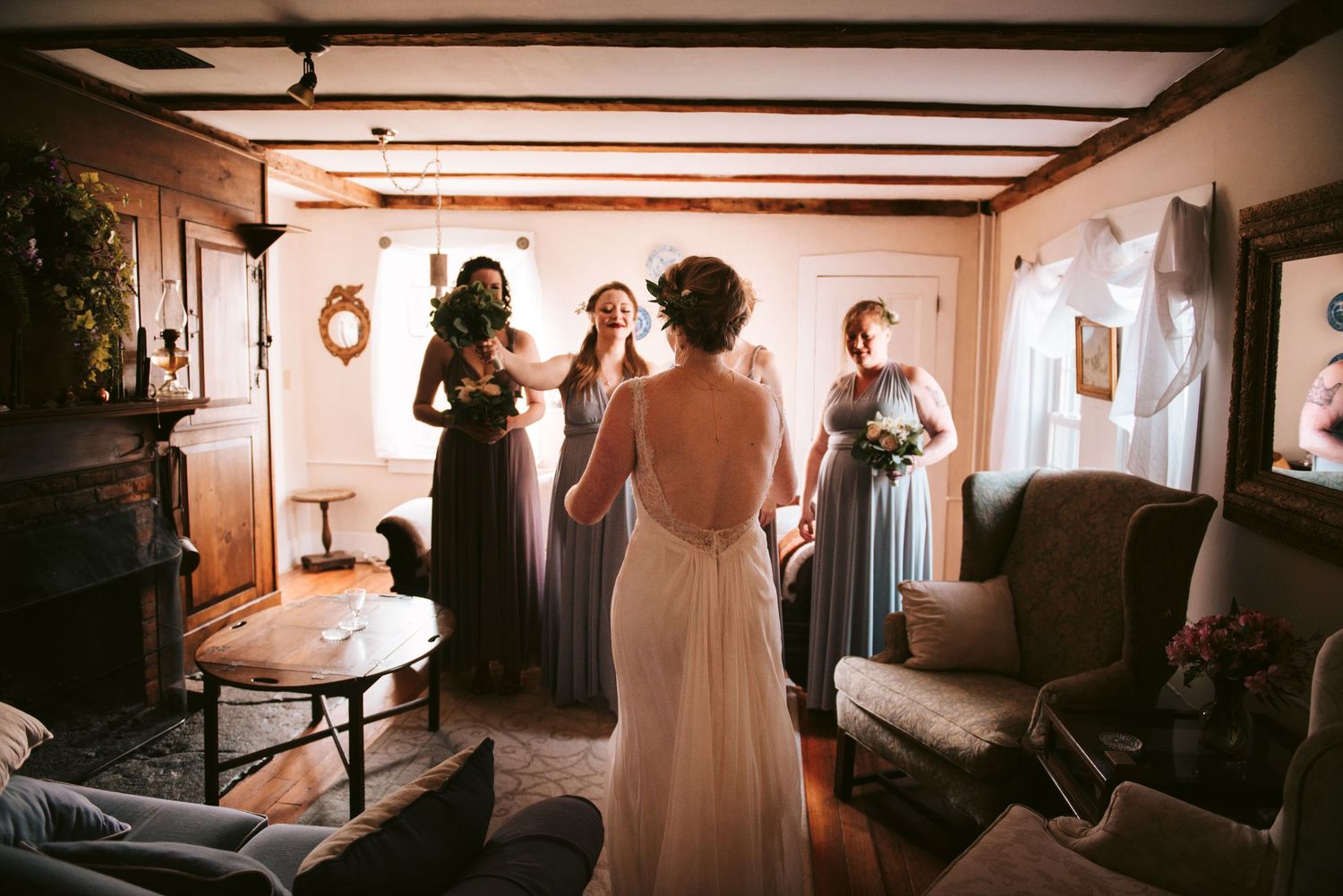 Interior shots showing wedding dress preparations in a sunlit room.
