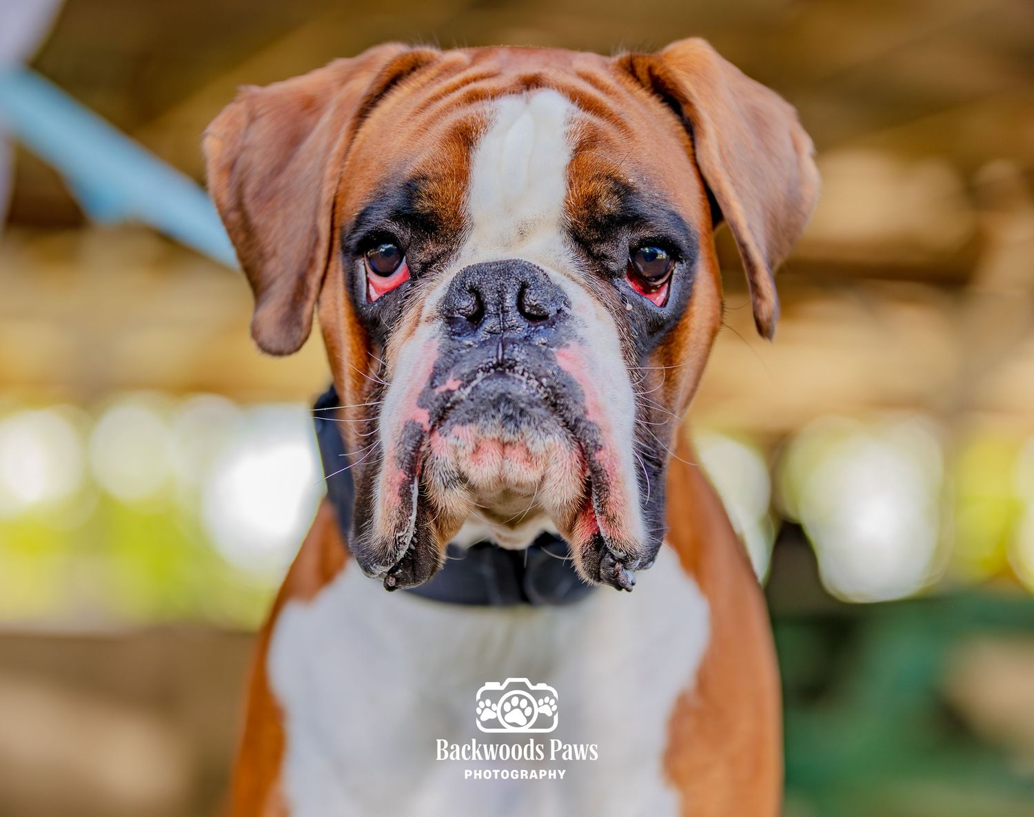 Close-up portrait of a handsome Boxer dog with fawn and white markings, photographed by Backwoods Paws Photography.