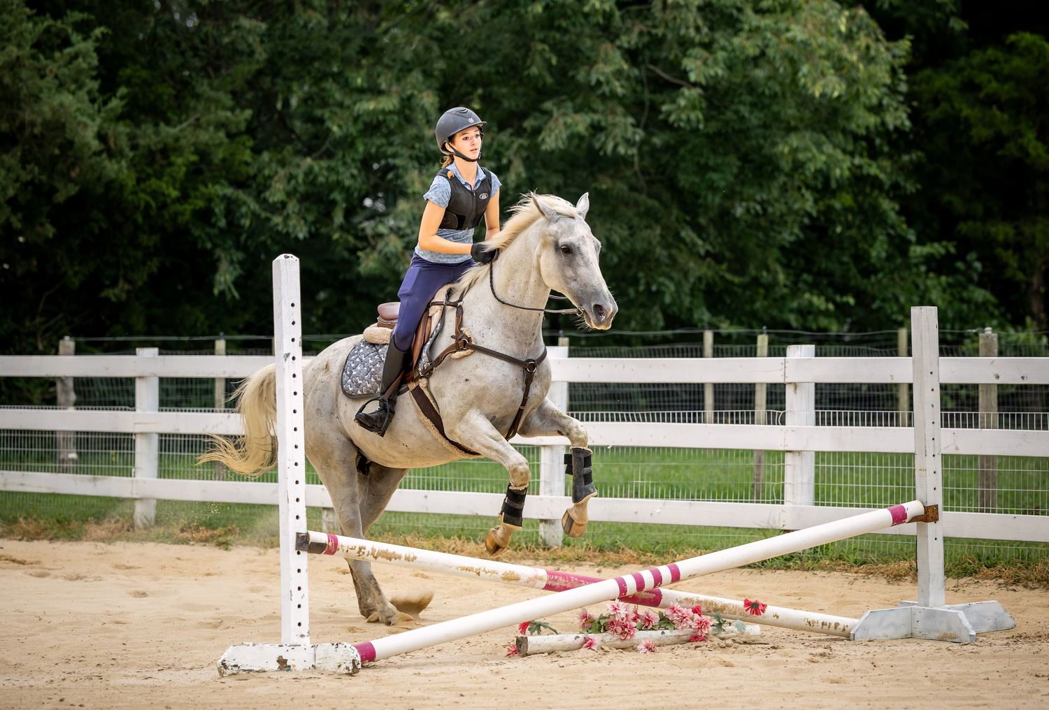 Young rider on a gray horse jumping over a colorful show jump barrier in an outdoor equestrian arena.