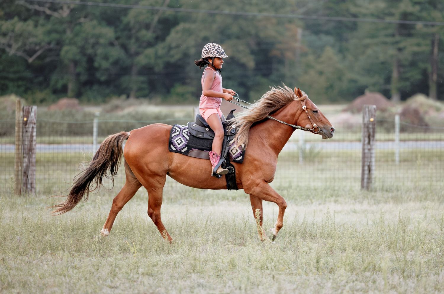 Young girl riding a chestnut horse bareback across a green pasture field.