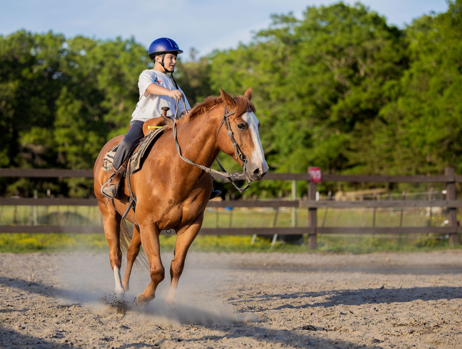 A young rider in a blue helmet gallops on a chestnut horse in a sandy outdoor arena.