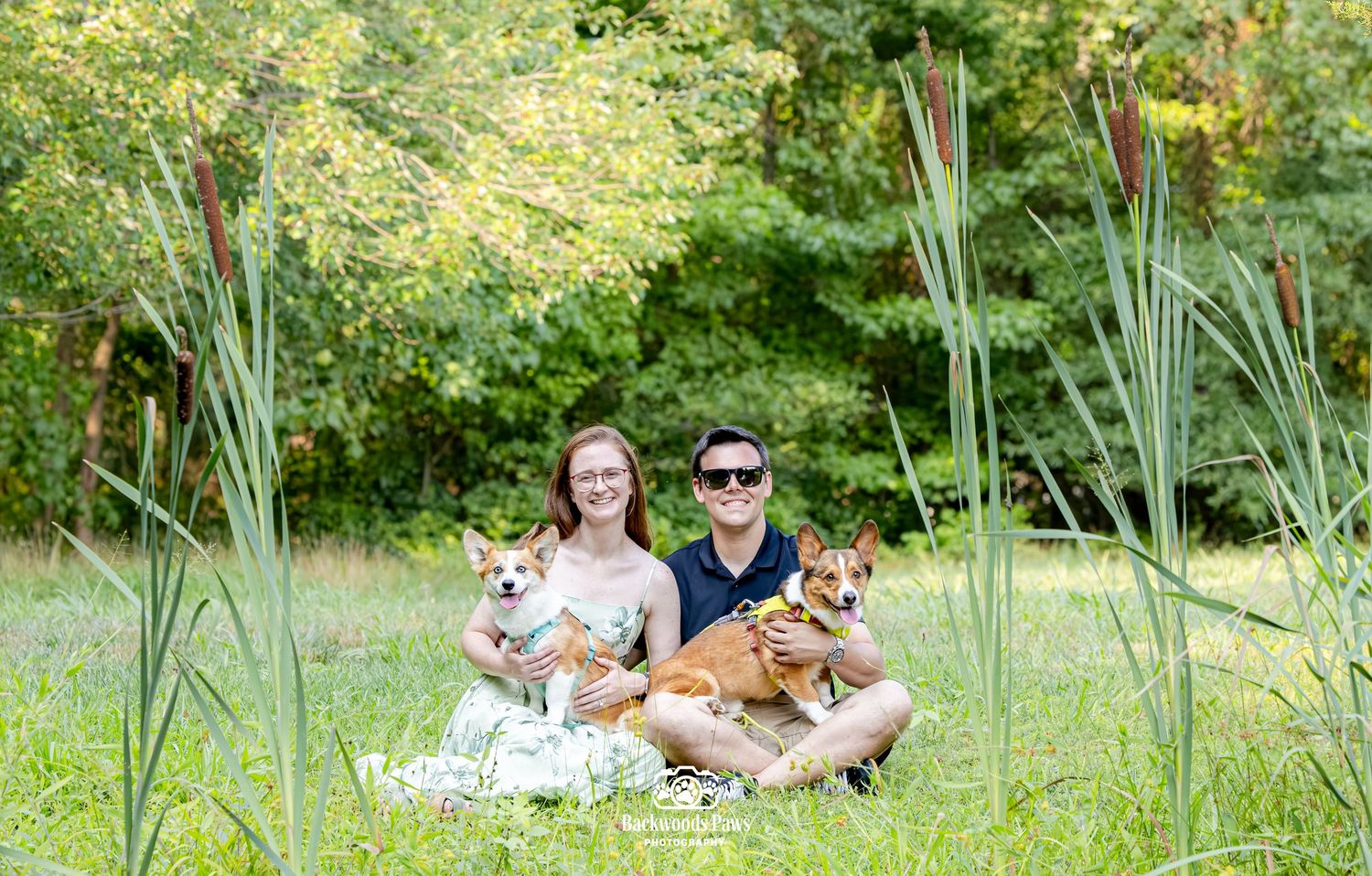 Couple sitting in green grass with two Corgi dogs, surrounded by tall reeds and lush trees in a park setting.
