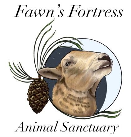 Fawn's Fortress Animal Sanctuary logo featuring a illustrated goat with a pine cone and plant branches.