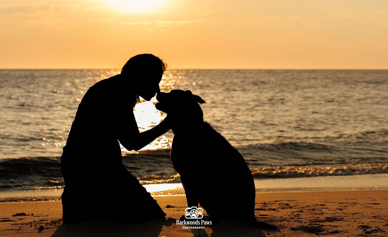 Silhouette of person and dog sharing tender moment on beach at golden sunset by the ocean shore.