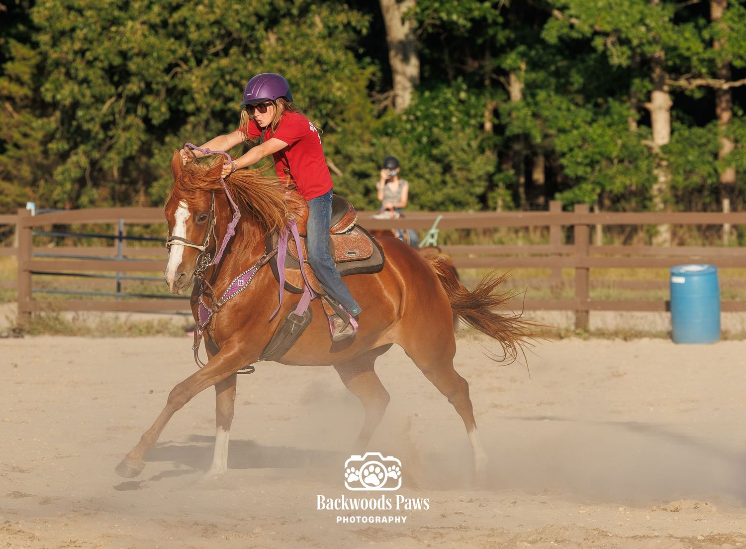 Young rider in red shirt and purple helmet gallops chestnut horse in sandy arena at outdoor equestrian facility.