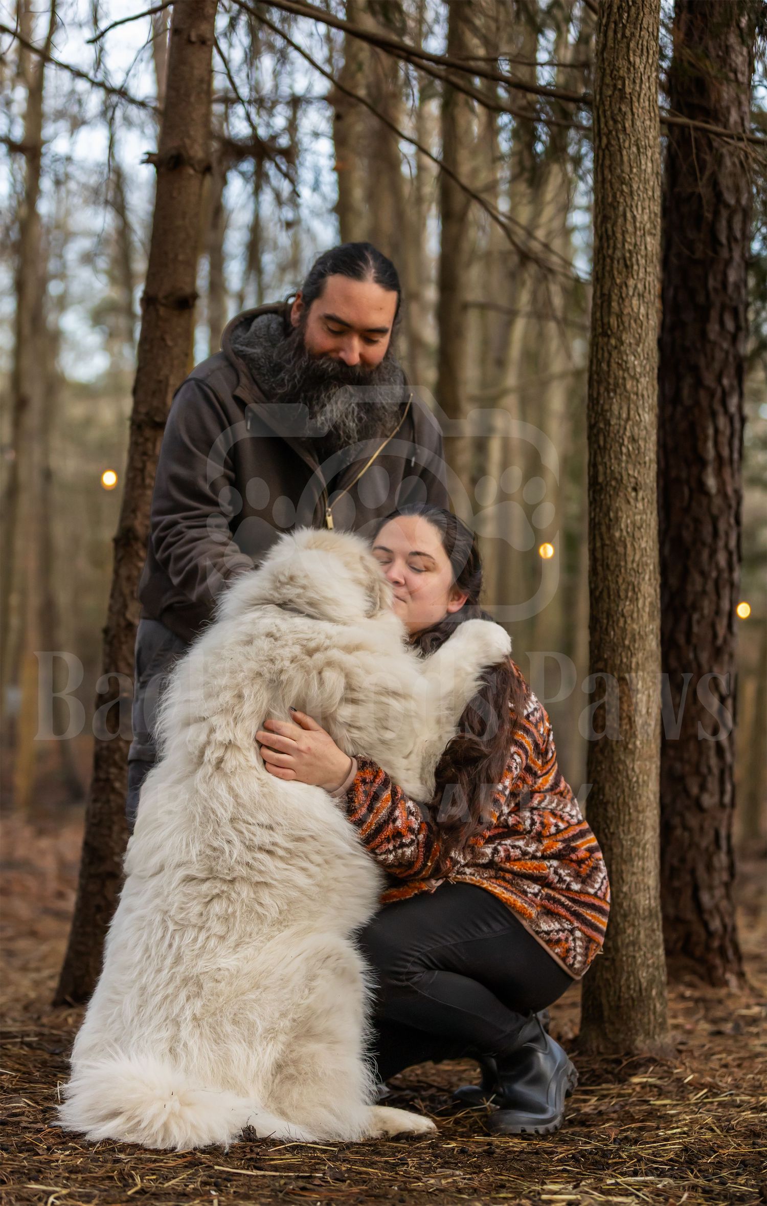 A couple and their fluffy white Great Pyrenees dog share a tender moment in a forest setting.