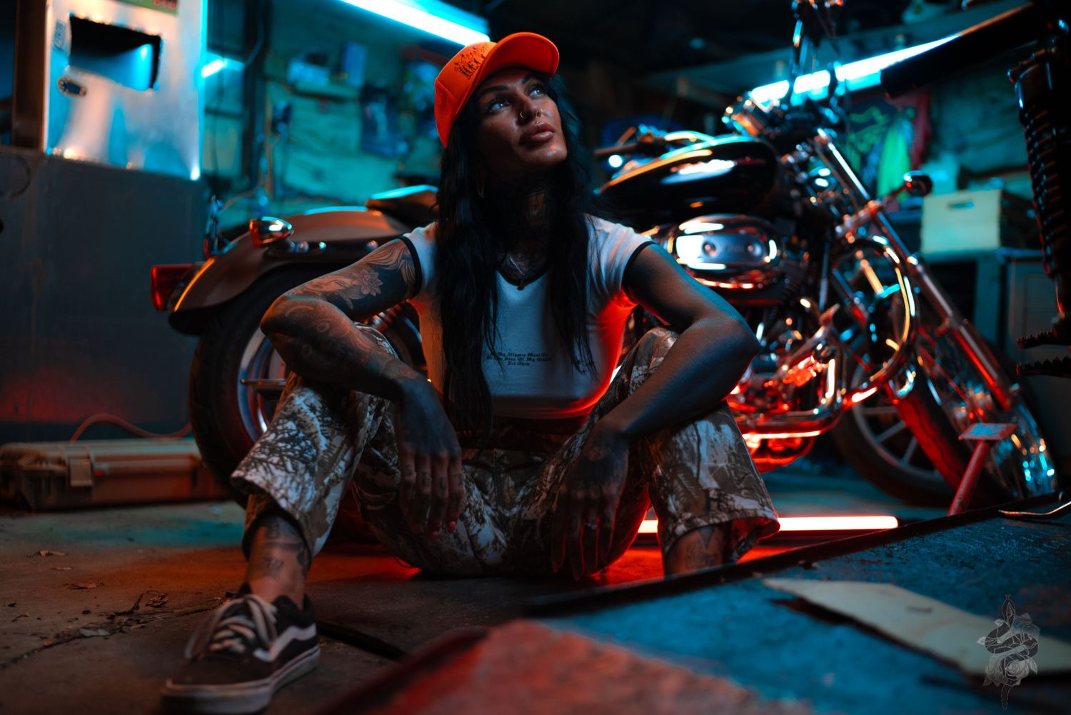 Samantha in front of her bike by Porsche Aremia