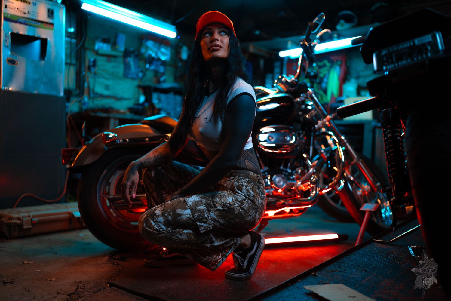 Samantha in front of her bike by Porsche Aremia