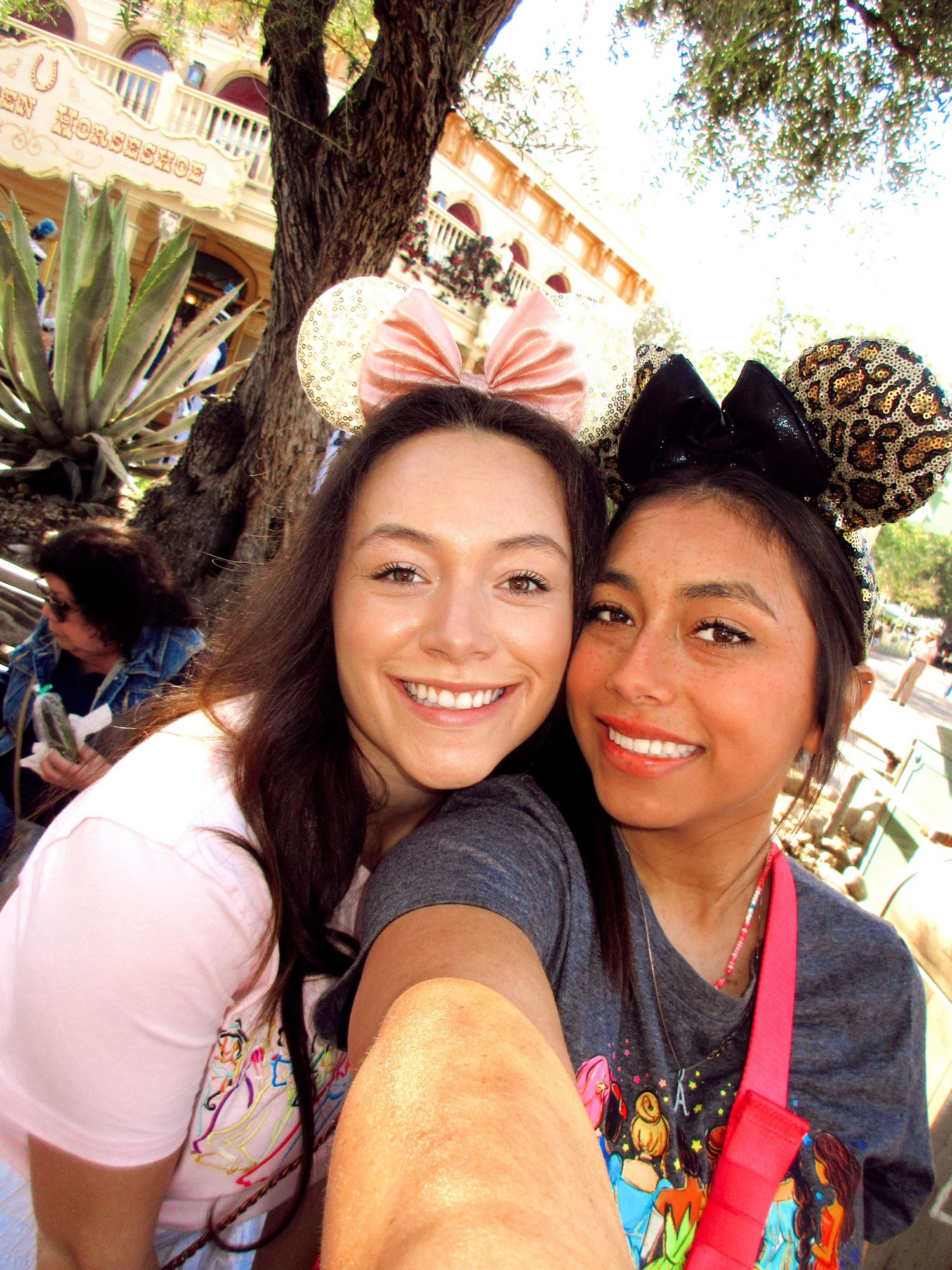 Two smiling young women wearing Minnie Mouse ears taking a selfie at Disneyland theme park.