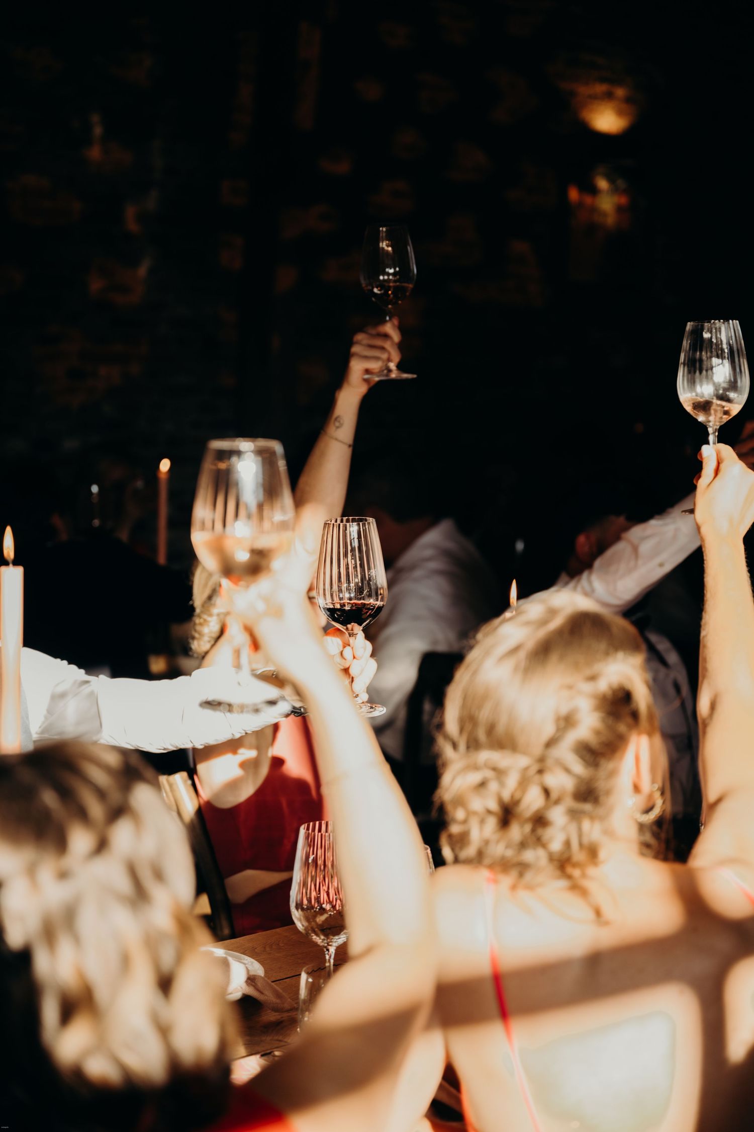 Wedding guests raising wine glasses in a celebratory toast during reception.