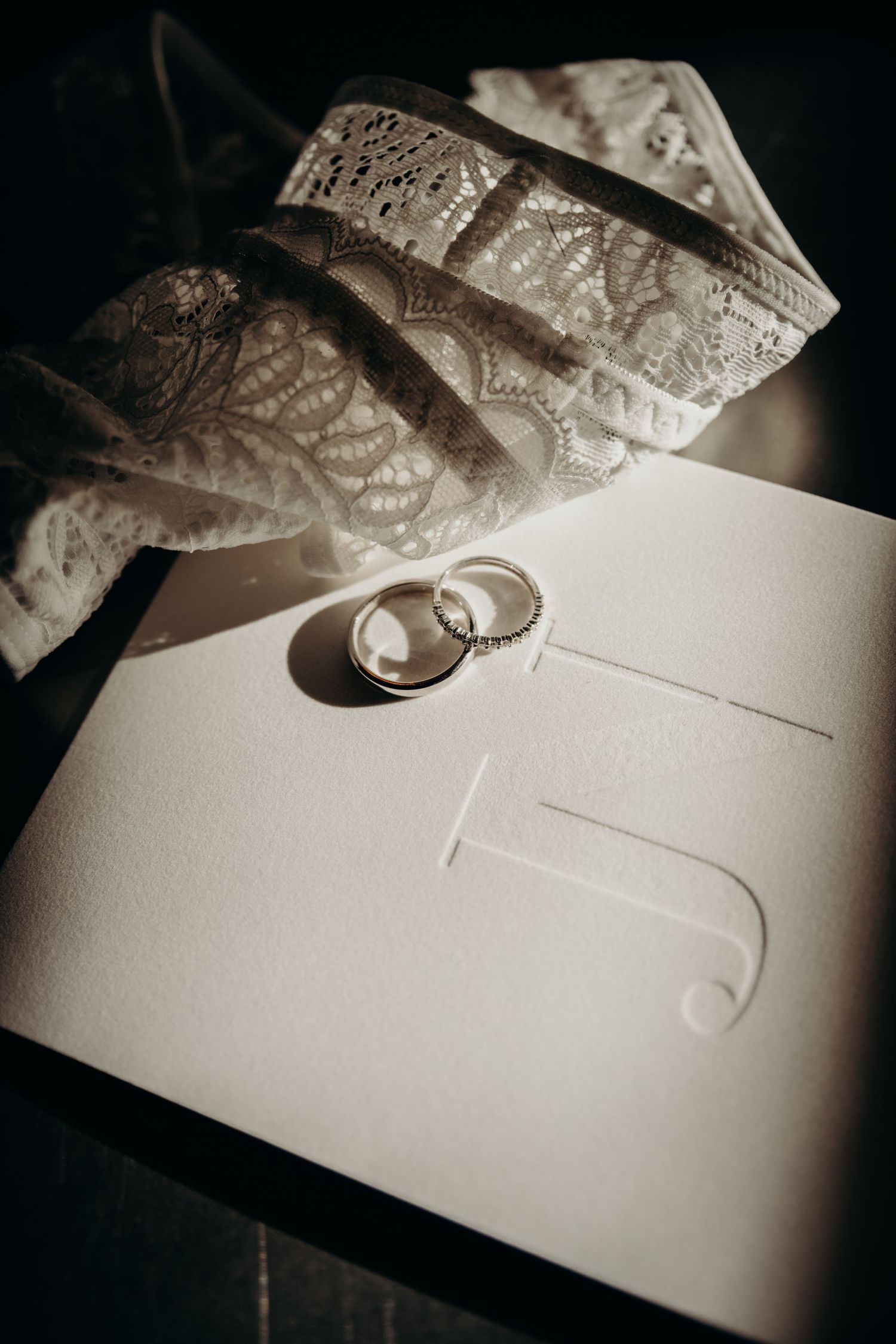 Wedding rings resting on white paper with delicate lace fabric in monochrome.