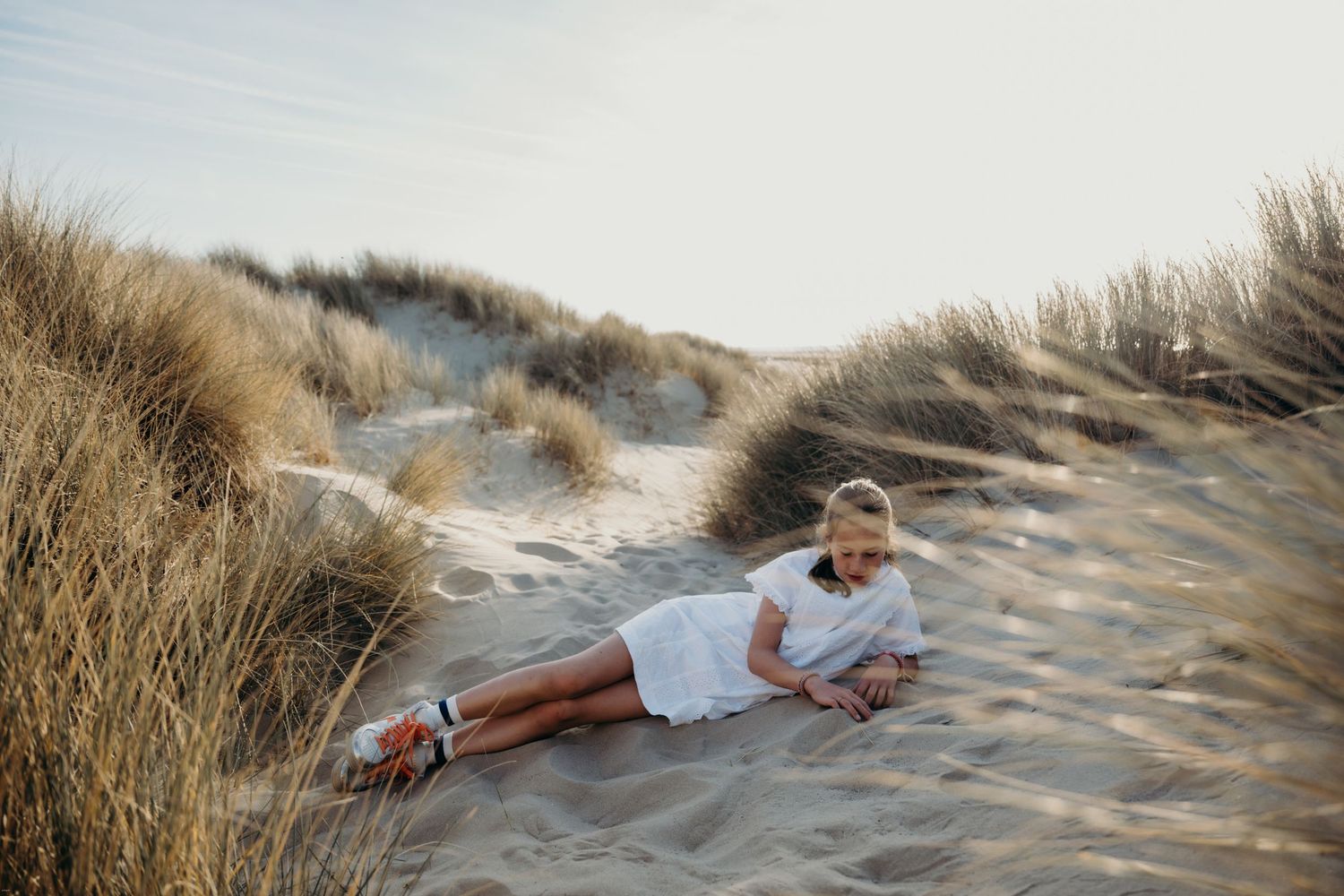 Scenic beach landscape with sand dunes and tall grass at sunset.