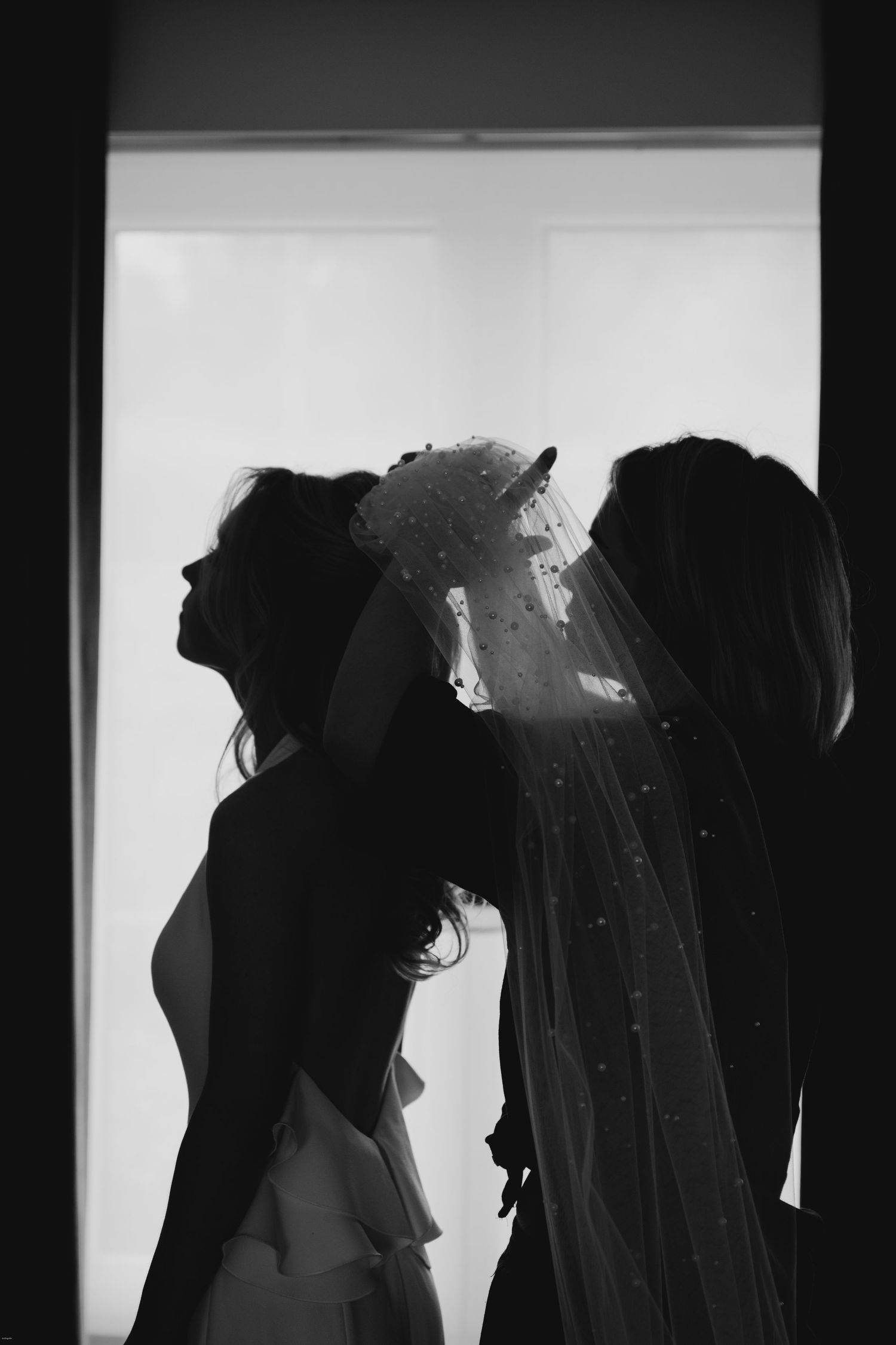 Silhouettes of wedding party members against a bright window background.
