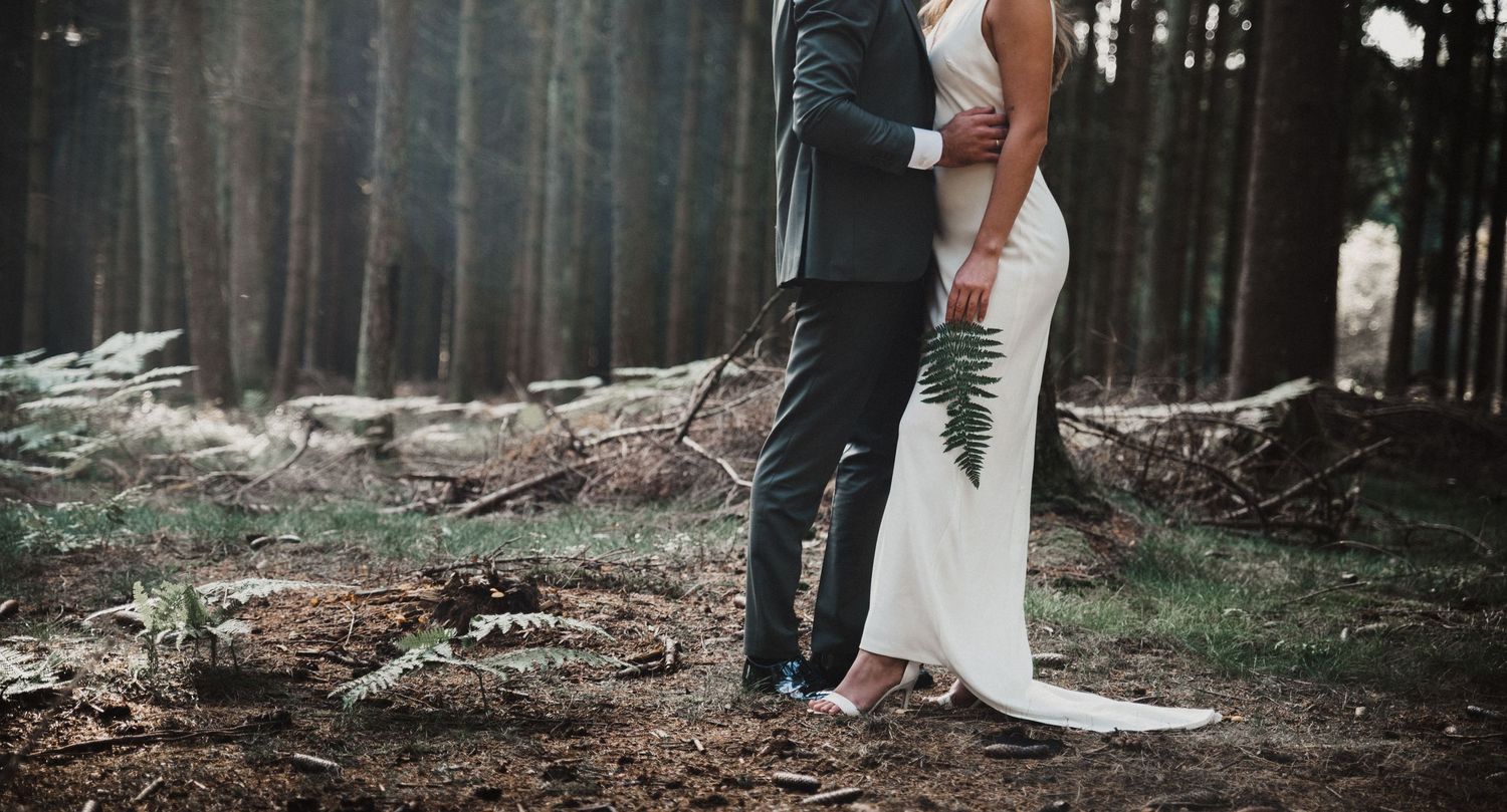 Panoramic view of couple walking through forest path.