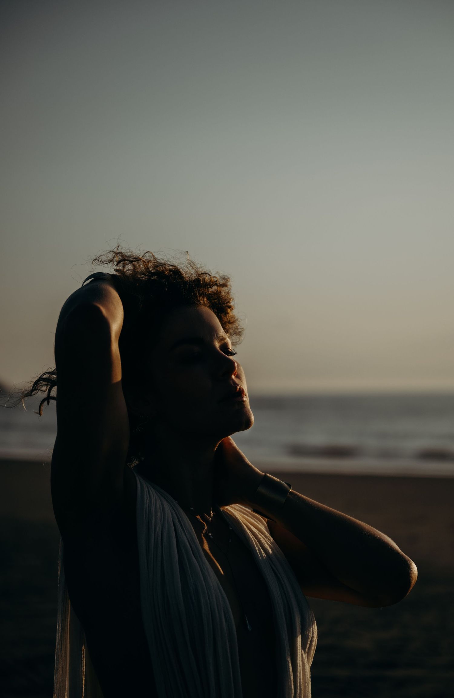 Silhouette of a person against a dusky sky at sunset.