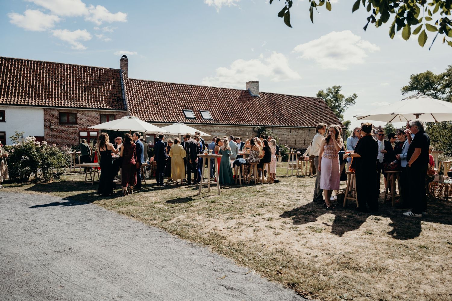 Wedding guests gathered outdoors on a sunny day against rustic farm buildings.