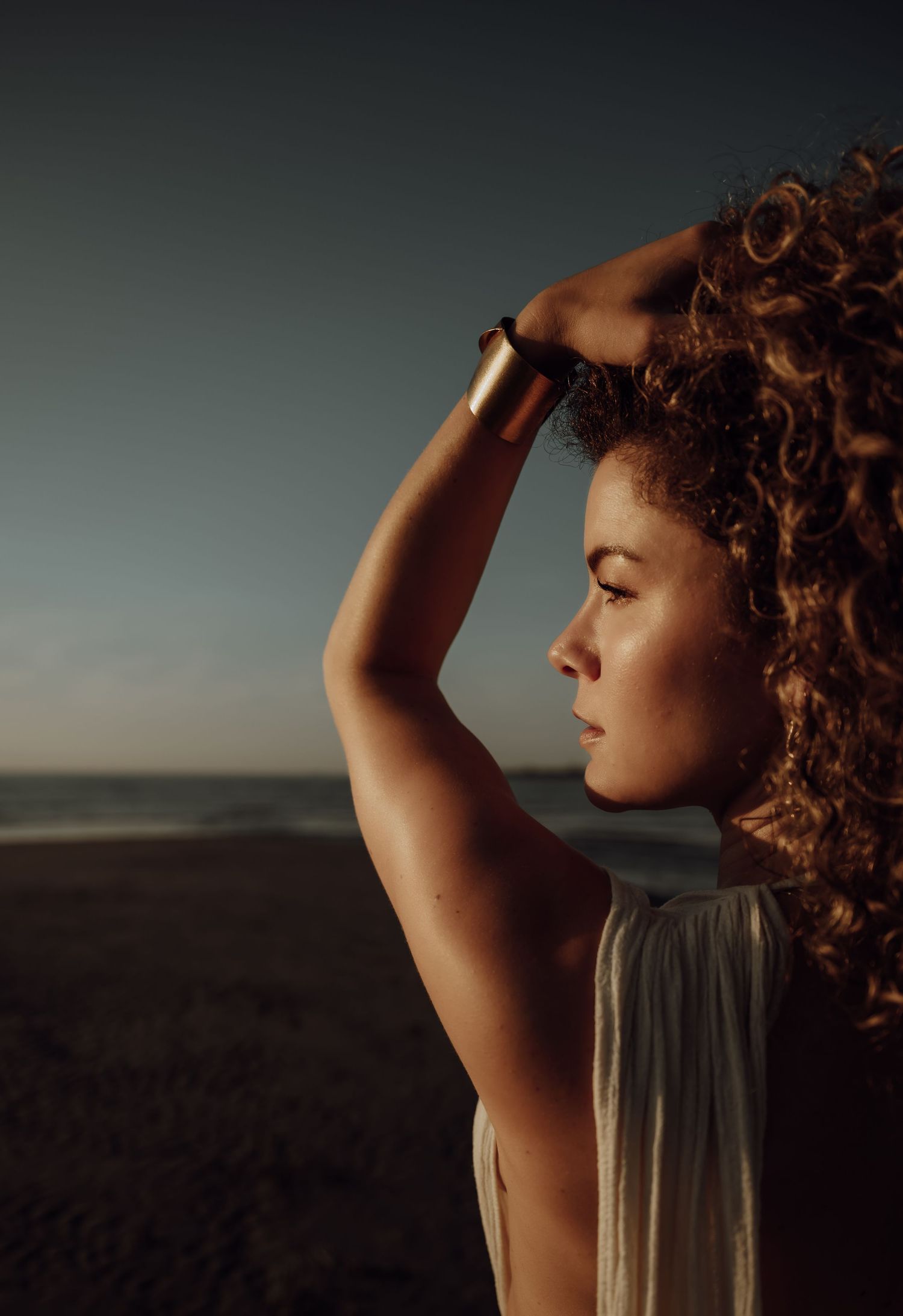 Dramatic profile portraits at golden hour showing flowing hair and contemplative poses against dark backdrop.