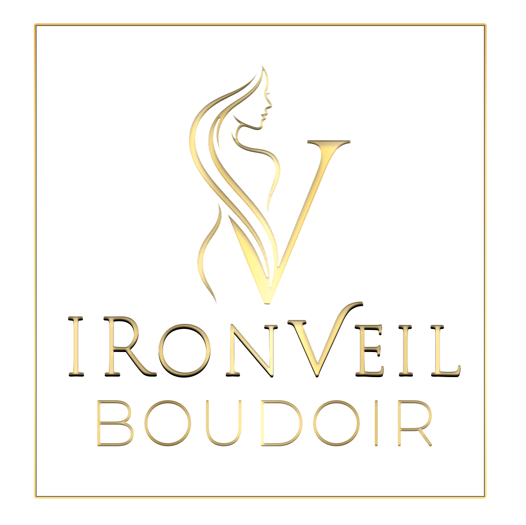 Elegant gold logo for IronVeil Boudoir photography brand with minimalist line art designs.