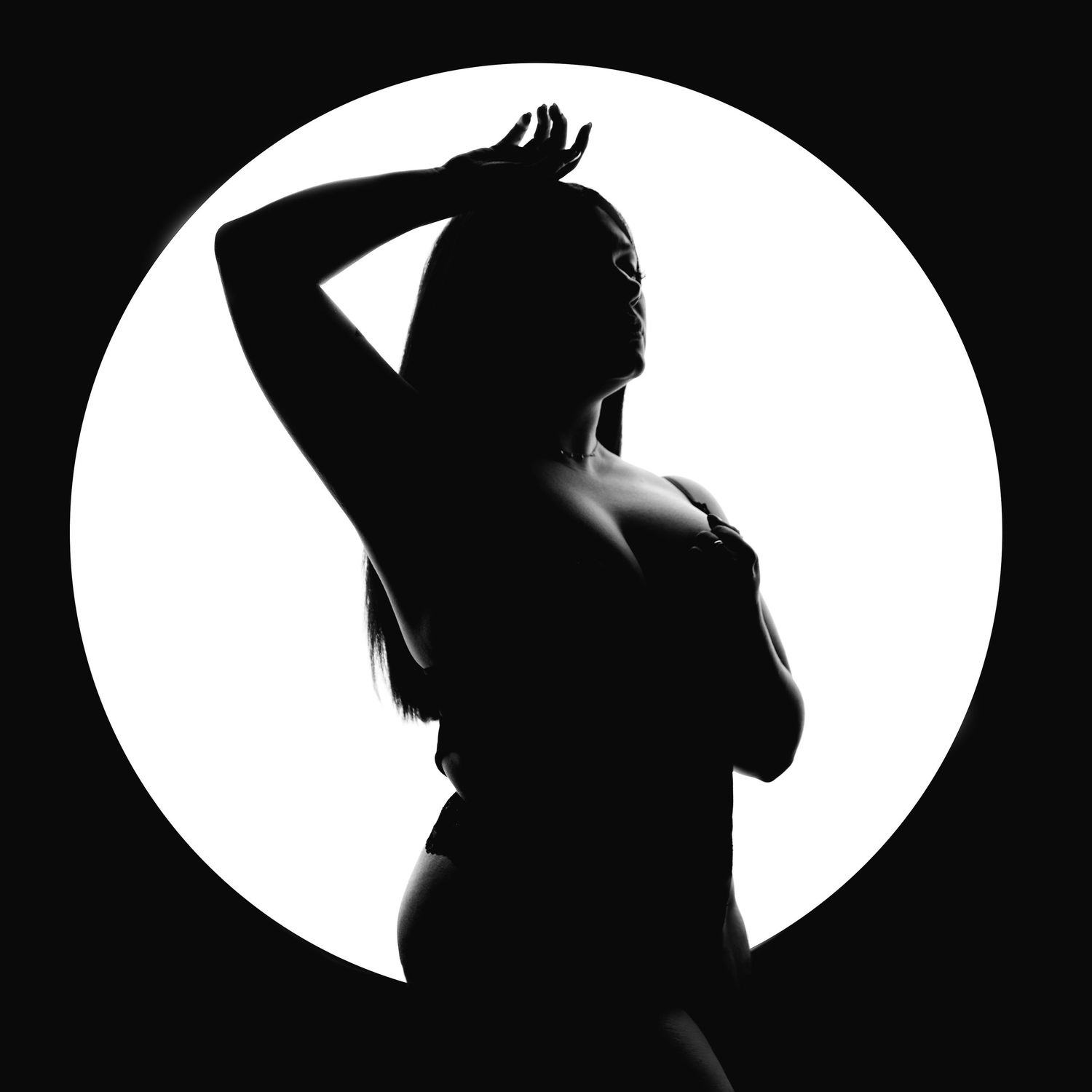 Dramatic silhouette series showing different profile poses against a white circular background.