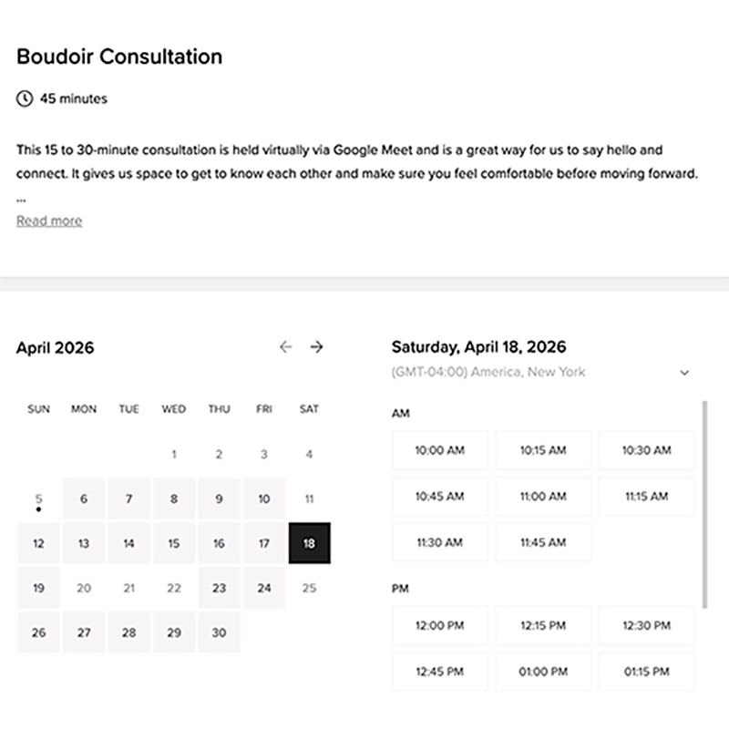 A booking link to schedule a boudoir consultation for a Charlotte Boudoir Session