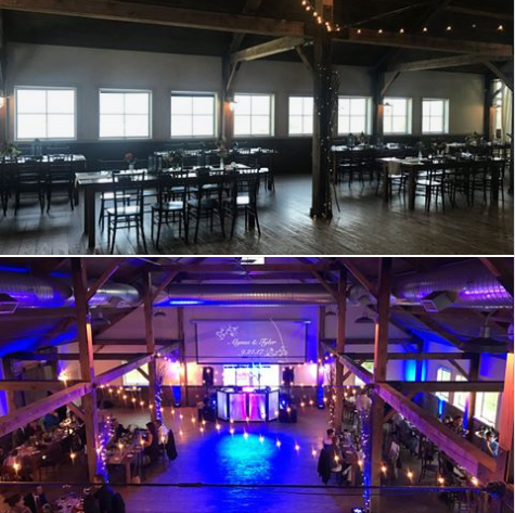 Industrial venue space transformation from daylight to evening with dramatic blue lighting and string lights.