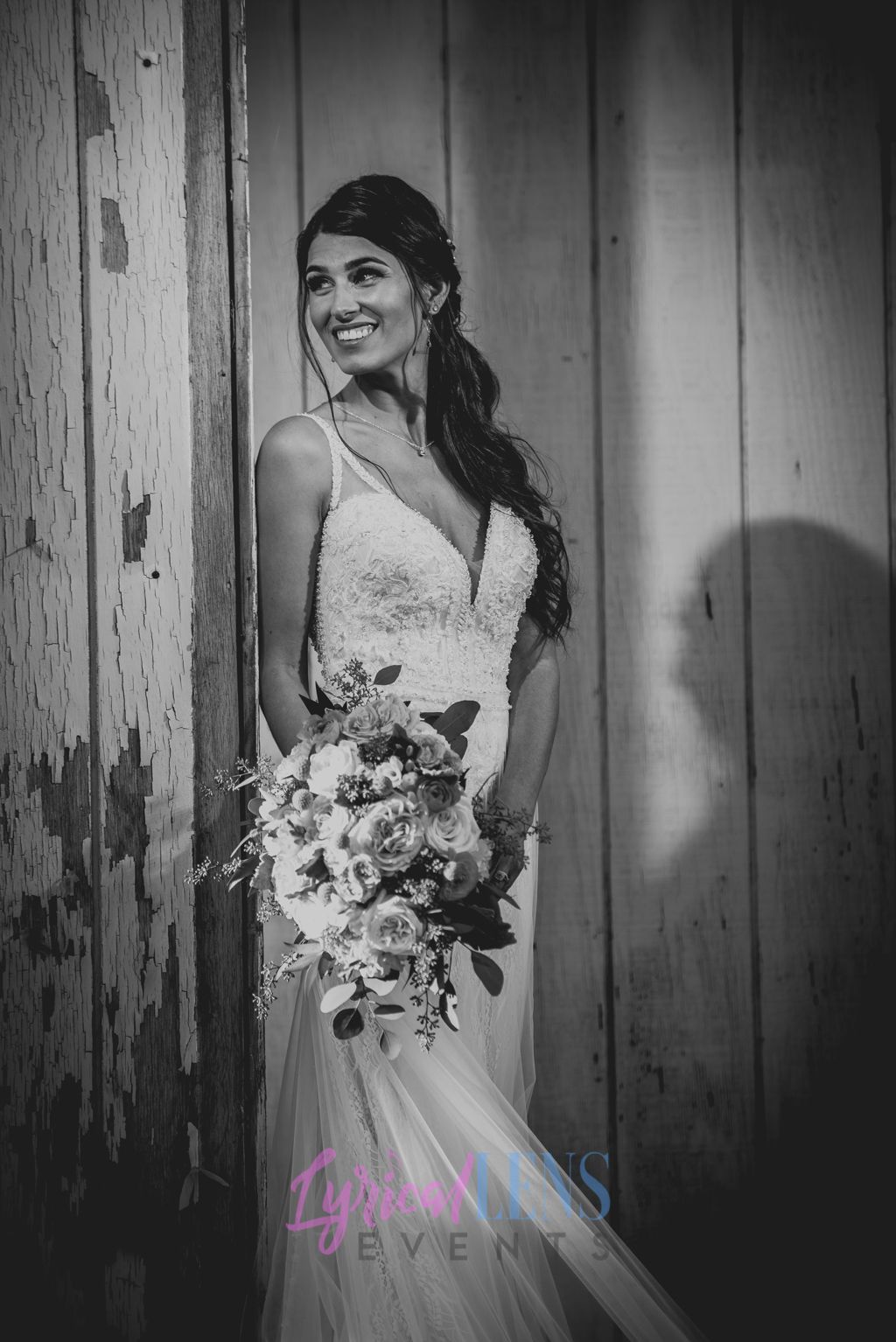 Black and white bridal portraits showcasing a lace wedding dress and floral bouquet.
