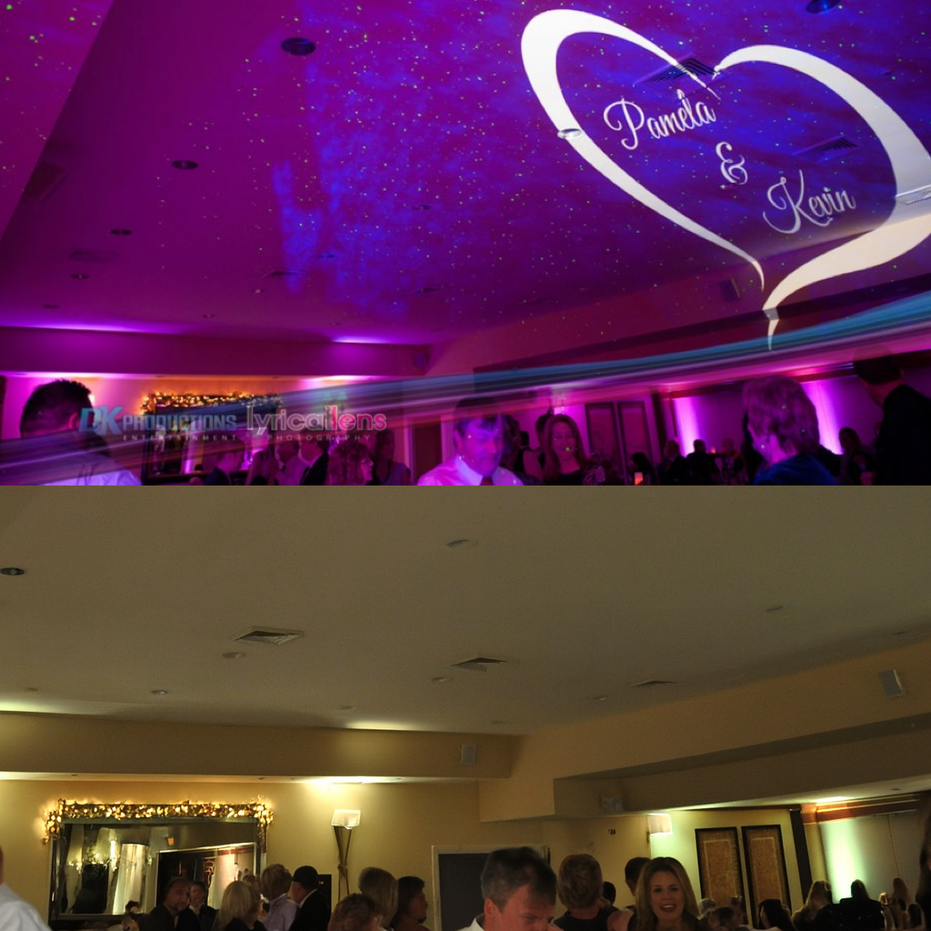Wedding venue ceiling with heart projection and lighting shown in purple and neutral tones.