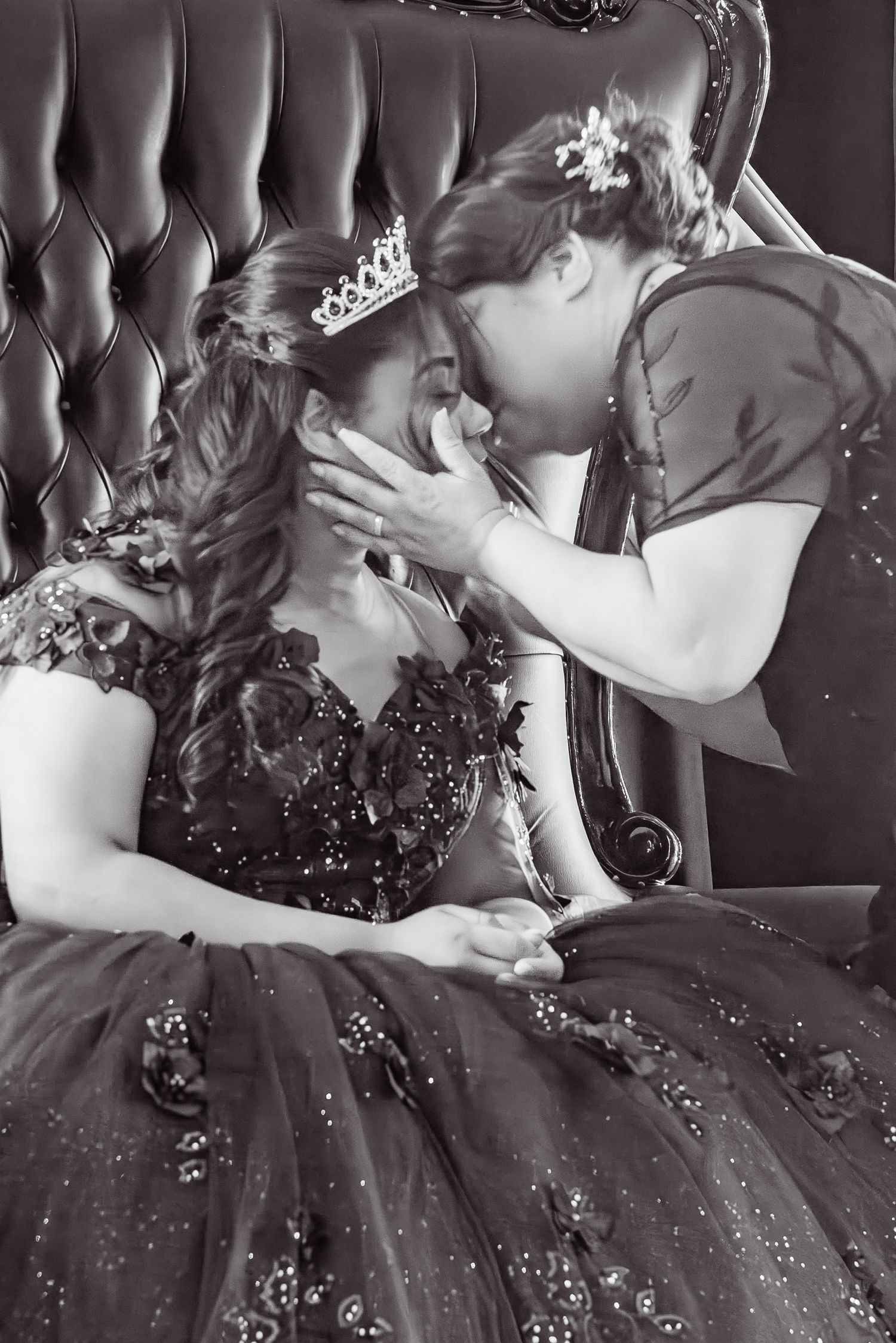 Black and white photos of children in formal wear sharing sweet moments.