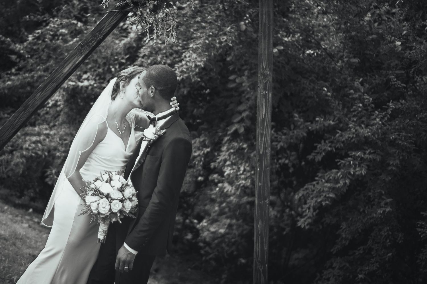 A series of romantic wedding photos showing couples in an outdoor garden setting.
