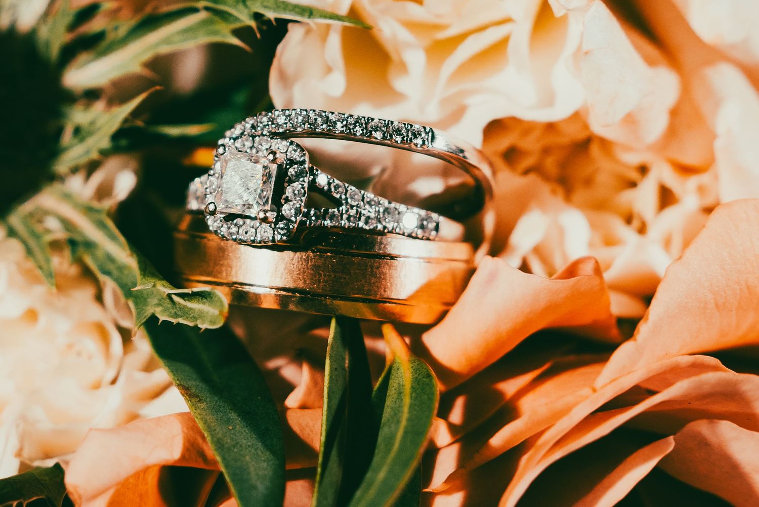 Close-up shots of sparkling diamond engagement rings on peach-colored floral backgrounds.