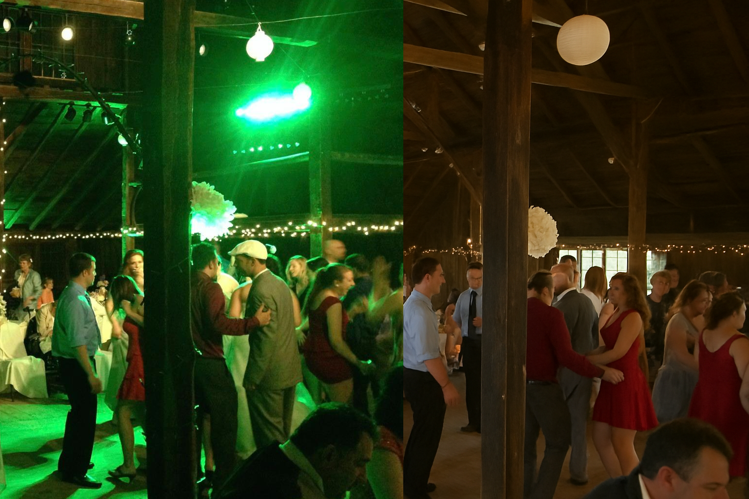 Dance floor scene with green neon lighting and paper lantern decorations.