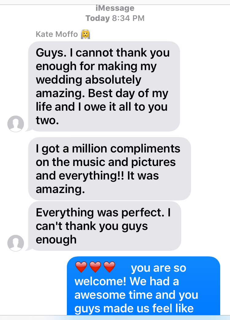 Mobile phone screenshot of wedding client testimonial messages expressing thanks.